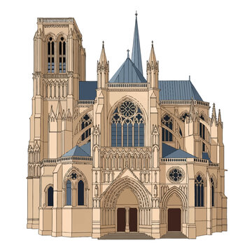 Vector illustration of a medieval Gothic cathedral inspired by Bayeux, featuring flying buttresses, rose windows, pointed arches, stone towers, and spires isolated on a white background.