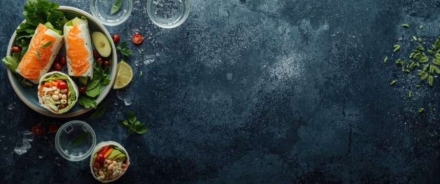 Refreshing salad roll served deconstructed with sparkling water and empty space for text