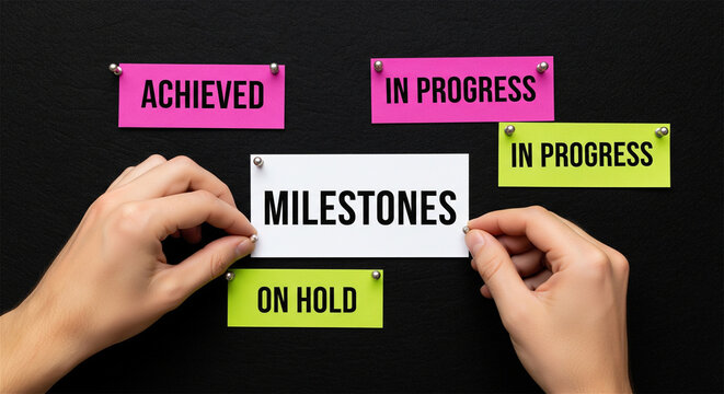 Project milestones and progress tracking. Business goals and project management. Hands arranging cards on black background.