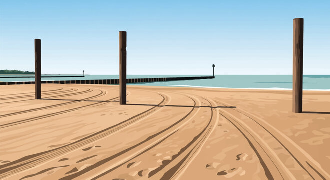 Minimalist vector illustration of a sandy beach on Lake Michigan featuring tire tracks, vertical wooden pilings with shadows, and a wooden breakwater jetty under a clear blue sky.