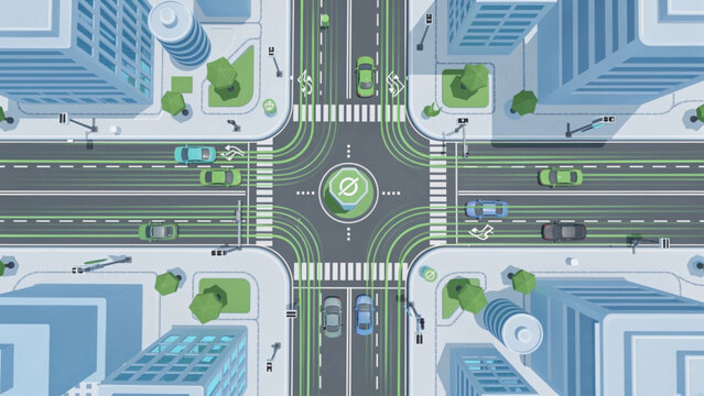 Aerial view of modern city intersection with tall buildings, greenery, and busy traffic