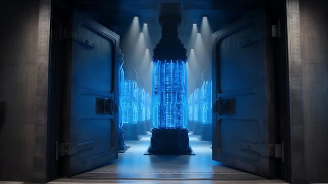 Cybersecurity Futuristic server vault underground data center blue neon light secure storage digital technology sci fi corridor cyber security high tech glowing machine network tower industrial vault