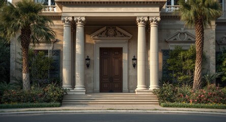 Obraz premium Elegant villa entrance featuring classic architecture with lush greenery and copy space for text overlay