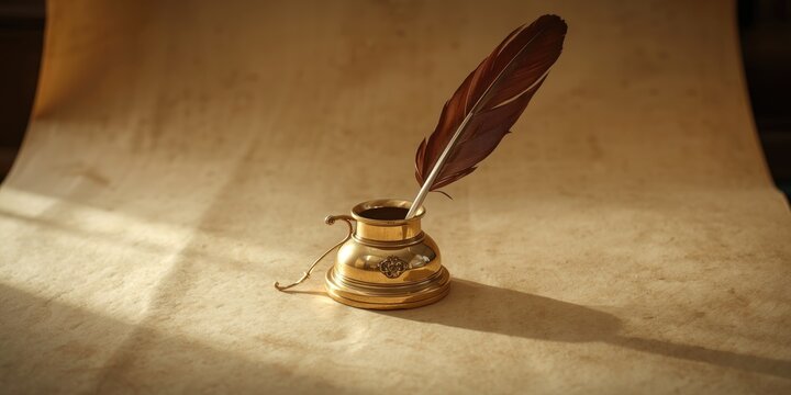 Timeless inkwell accompanied by quill pen on antique paper backdrop ideal for sophisticated text design