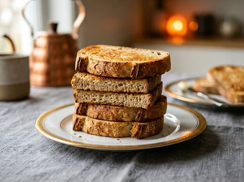 Stack of delicious goldenbrown toasted bread slices on a plate with a kettle in the background