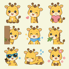 Obraz premium Cute giraffe cartoon sticker set.