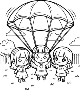 Three Children Playing Together With Open Parachute Toy.