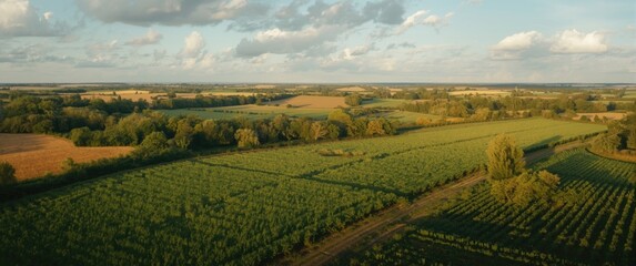 Obraz premium Overhead image of assorted agricultural plots under wide open sky focusing on natural farming