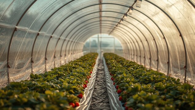 Protected strawberry cultivation with plastic mulch and plasticulture in greenhouse tunnels