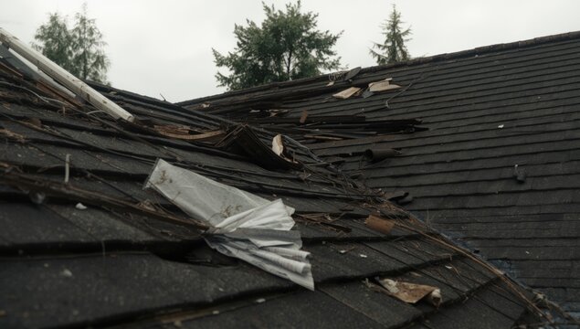 Hurricane damaged residential rooftop with absent shingles and home repair focus