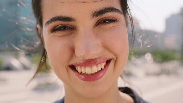Face, student and woman in city with smile, pride and travel for university education. Portrait, female person and commute for exchange program in town, positive attitude and scholarship for learning