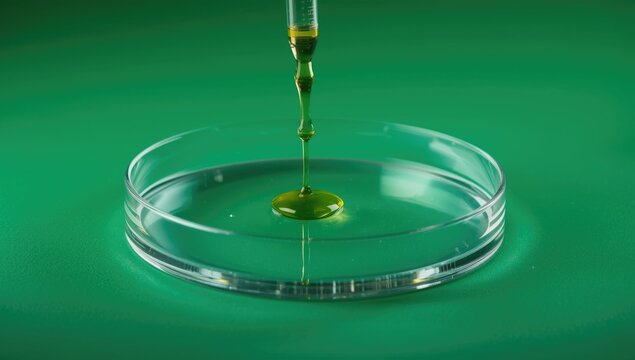 Experimental petri dish with clear solution receiving oil drop from laboratory dropper on green backdrop