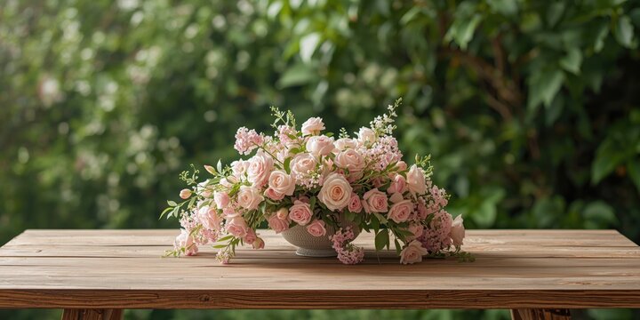 Wooden table setting with pastel pink blooms and copy space area