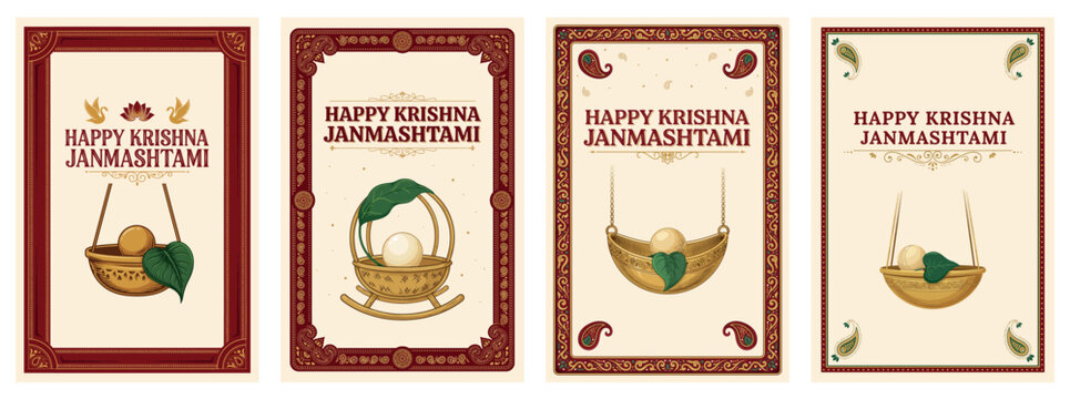 Happy Krishna Janmashtami Greeting Cards with Baby Krishna Cradle Design