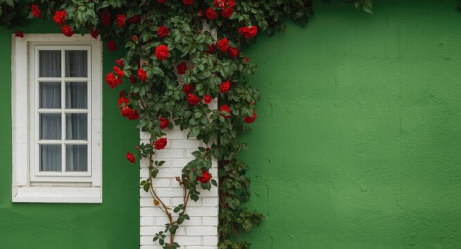 Red rose vines climbing a white brick pillar beside a window on a vibrant green wall in summer