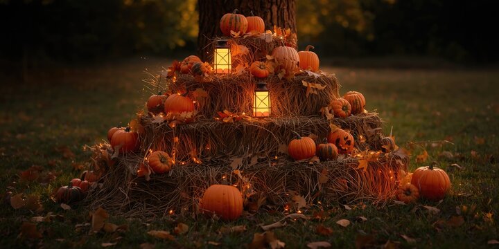 Playful pumpkin lantern arrangement on haystack enhancing outdoor fall decor