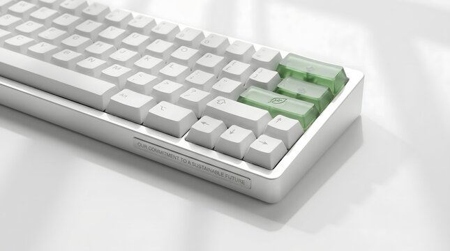 Minimalist modern white mechanical keyboard featuring translucent green accent keycaps on a clean bright office desk workstation setup