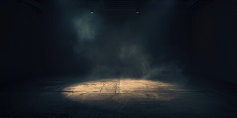 Fototapeta premium Minimalist dark studio room with rough concrete flooring fog effects and focused spotlights