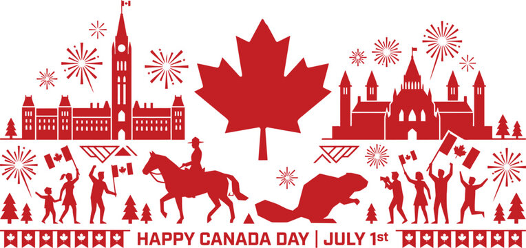 Canada day celebration silhouette with maple leaf parliament and mounties isolated on transparent background