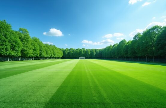 Empty soccer field with goal under clear blue sky. Rich green grass striped from mowing. Lined sports pitch surrounded by trees. Perfect training or game day.