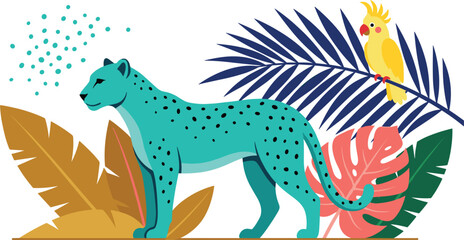 Modern flat vector illustration of a turquoise leopard walking in a tropical jungle with colorful monstera leaves and a yellow parrot © MdAbusufian
