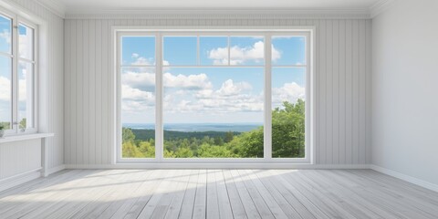 Fototapeta premium Scandinavian inspired empty white room with panoramic summer landscape visible through window