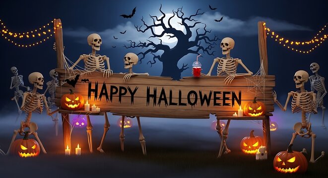 Happy halloween skeletons and jack o' lanterns spooky festive illustration