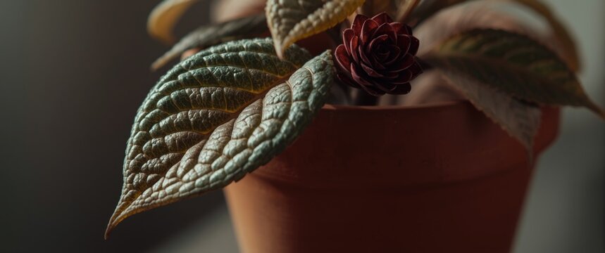 Intimate close-up of textured leaves on Plectranthus amboinicus in a terracotta container with a muted indoor background blur
