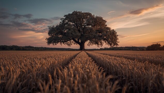 Dusk settling on wheat fields with an expansive oak tree in natural farmland