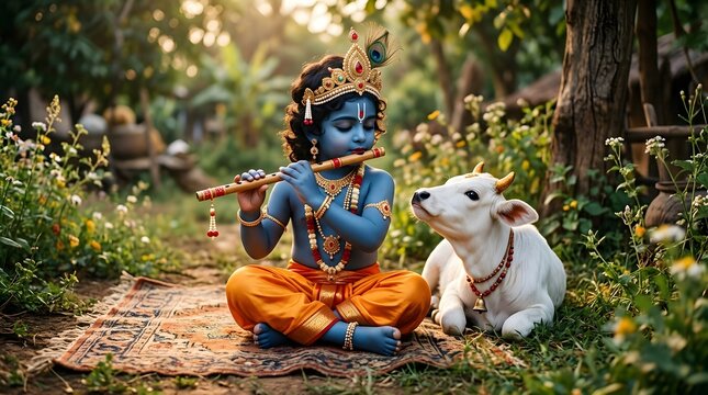 Krishna playing flute with white calf in garden