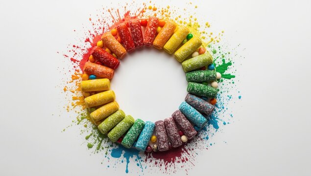 Colorful skittles candy arranged in a textured round rainbow circle with playful color splashes on white
