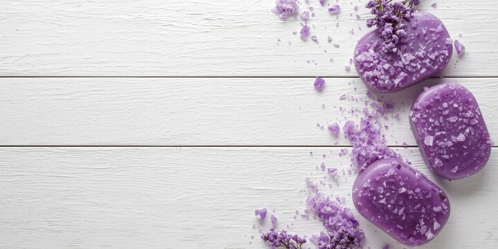 Minimalist white wood background with purple bath salt and soap bars arranged and copy space