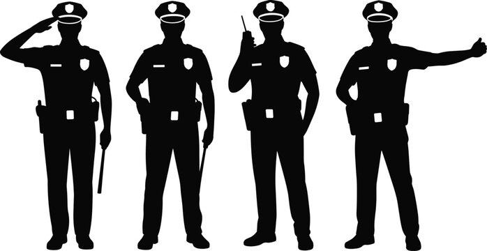 Stylized police officer silhouette vector illustration featuring saluting, radio communication, thumbs‑up gestures, perfect for law enforcement design and projects