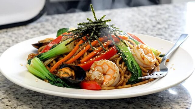 Delicious Asian Noodles Dish with Seafood, Vegetables, and Sesame Seeds Garnishing on White Plate for Food Culinary Presentation