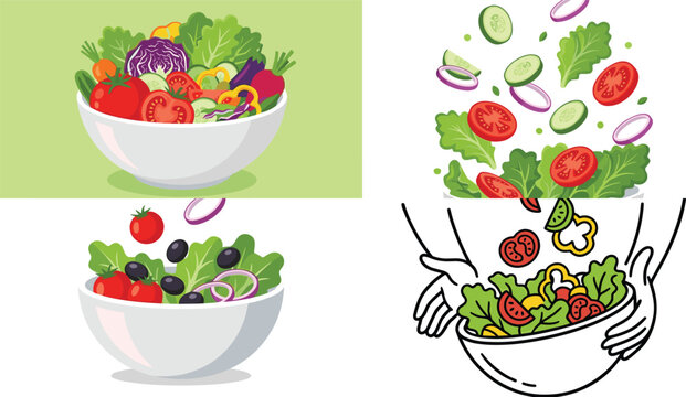 Fresh vegetable salad vector illustration collection with flying ingredients healthy bowls of greens tomatoes and a line art cooking concept