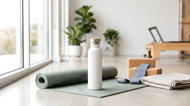 Minimalist pilates and yoga equipment set on bright studio floor