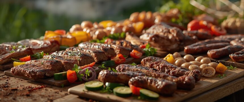 Outdoor barbecue buffet featuring selection of grilled meats vegetables and plenty of copy space for ads