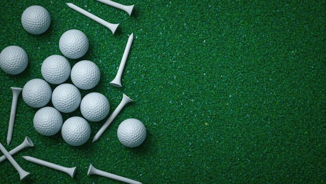 Overhead shot of golf balls and tees set on a vibrant green background with ample copy space