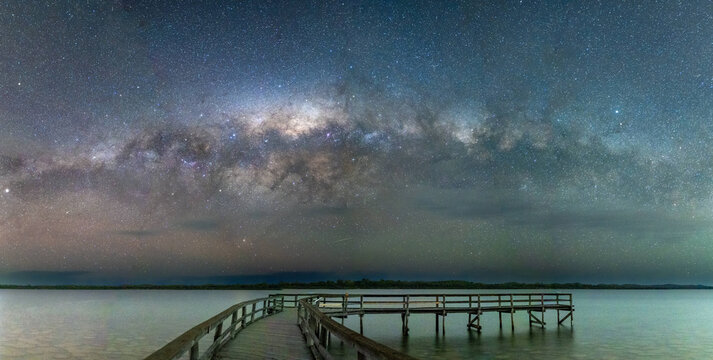 Milky Way panorama over a jetty in Lake Clifton