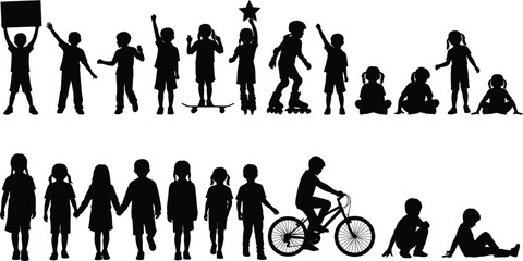 Children playing and standing black silhouette icons set with kids riding bicycle skateboard and roller skates © Muntaseer