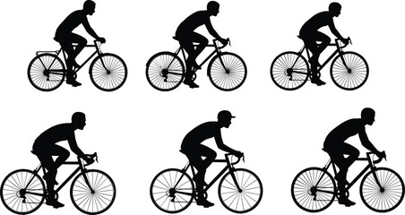 Obraz premium Cyclist riding road bike black silhouette icons set representing cycling racing fitness lifestyle isolated on white background