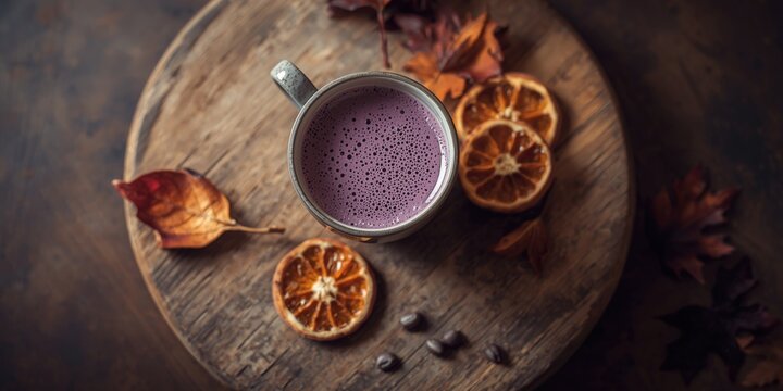 Warm beverage of purple sweet potato latte on textured wooden board with dried tangerine and fall leaf accents