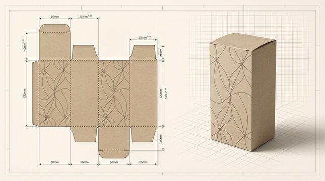 Kraft paper box packaging template and 3D mockup with dimensions