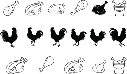 Rooster silhouettes and chicken meat icon set with raw whole poultry drumsticks and buckets isolated on white background © Muntaseer