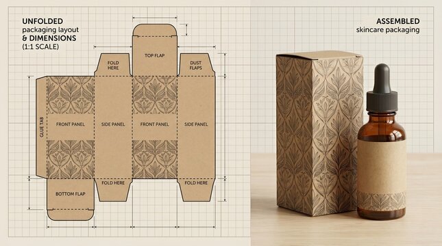 Cosmetic packaging dieline with assembled box and dropper bottle