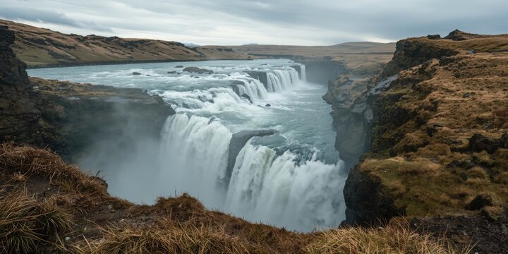 Wide shot of Icelandic foss amidst a wild natural setting