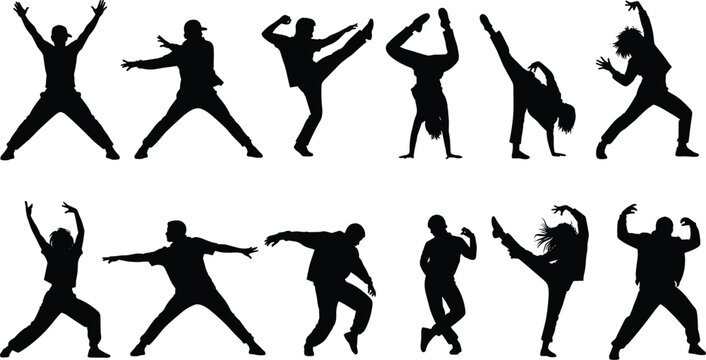 Collection of urban hip hop dancer silhouettes performing breakdance moves isolated on a white background vector illustration