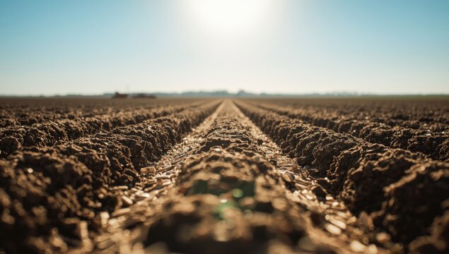 Sunlit agricultural soil prepared with multi row seeder for uniform seed dispersion