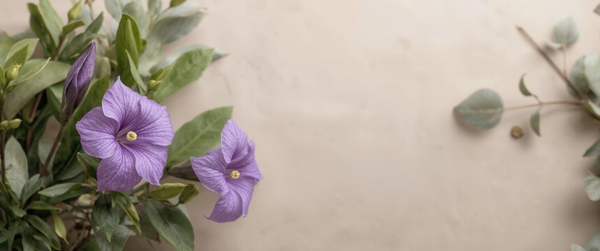 Purple bignonia flowers paired with fresh green foliage displayed on a gentle neutral background emphasizing natural elegance