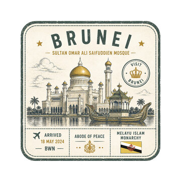 Brunei Travel Stamp Collection Illustration with Sultan Omar Ali Saifuddien Mosque Landmarks
